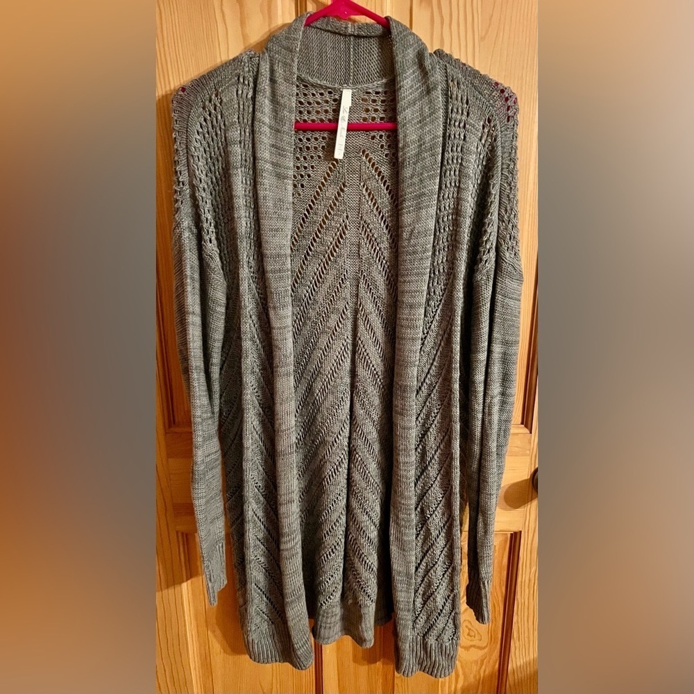 Leo & Nicole Gray Marled Pointelle Knit Open Cardigan Sweater Size L
